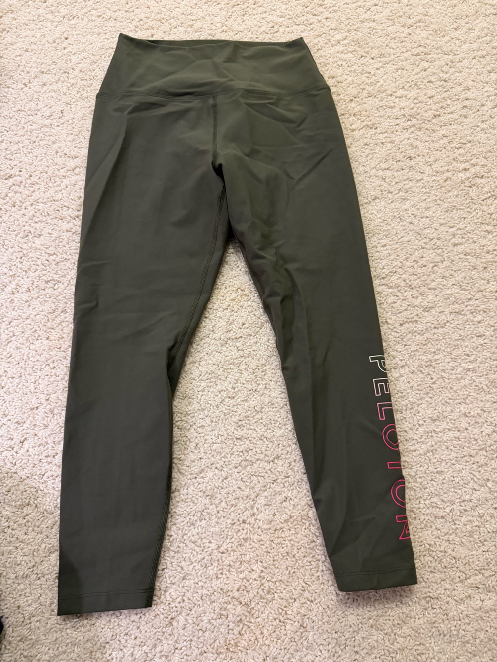 Peloton Cadence Olive Green Leggings with Pink Logo Accent